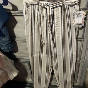 Casual striped pants with hem cuff and waist sash for a belt